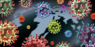 Colorful virus particles with a dark world map backdrop