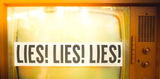 Retro TV displaying "LIES! LIES! LIES!" on screen.