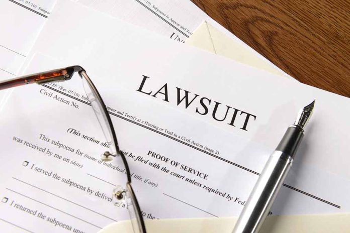 Lawsuit papers with glasses and pen on table.