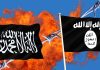 Two black flags with Arabic writing flames background