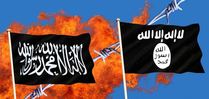 120042637 featured image Two black flags with Arabic writing flames background