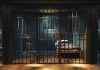 Empty prison cell with metal bars and bed.