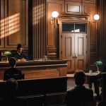 Judge presiding over courtroom with people seated