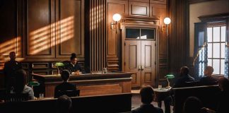 Judge presiding over courtroom with people seated