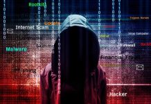 Hooded figure with digital security terms background