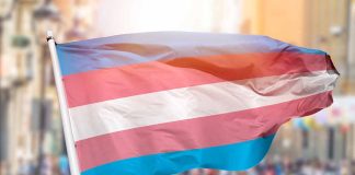 Transgender pride flag waving at outdoor event