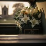 White flowers in a car with blurred background