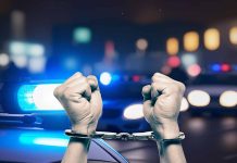 Hands in handcuffs in front of police cars