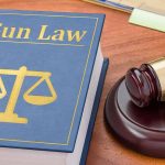 "Gun Law" book and gavel on wooden desk.