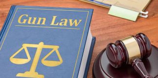 "Gun Law" book and gavel on wooden desk.