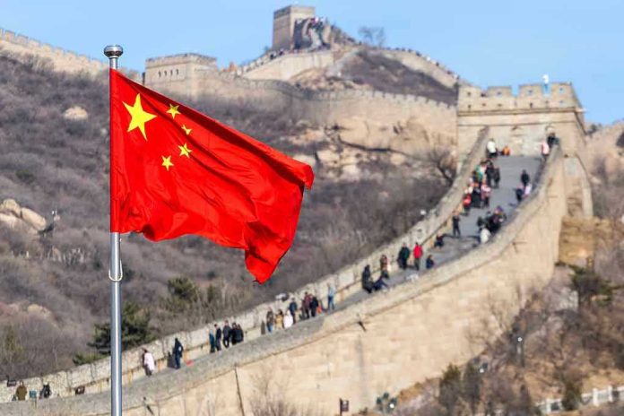 Chinese flag by the Great Wall of China.