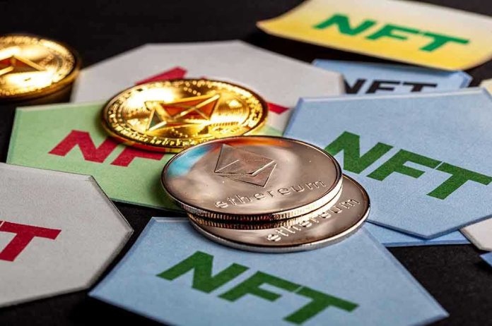 1966009153 Ethereum coins on NFT cards background