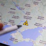 Map of Ukraine with nuclear warning symbol