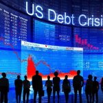 Silhouettes of business professionals in front of a digital display showing financial data and a US debt crisis