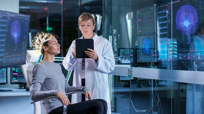 Woman undergoing brain scan with doctor monitoring results