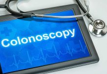 Tablet displaying the word Colonoscopy with a stethoscope beside it