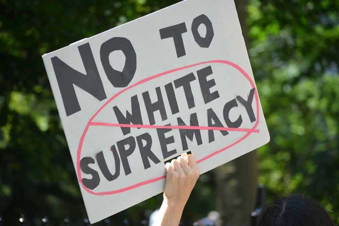 657670060 Sign saying No to white supremacy with red circle.