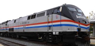 Amtrak locomotive parked at a railway station