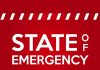 STATE OF EMERGENCY in bold white text on red background.