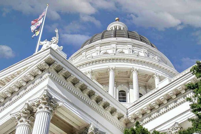 2305591243 Capitol building dome and flags under a blue sky.