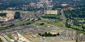 Aerial view of the Pentagon building and surrounding area.
