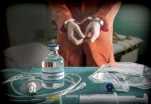 Governor HALTS Execution – Last Minute Intervention! Vial labeled Sodium Thiopental near handcuffed person.