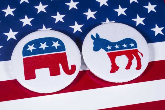 786450256 Republican elephant and Democrat donkey on American flag.