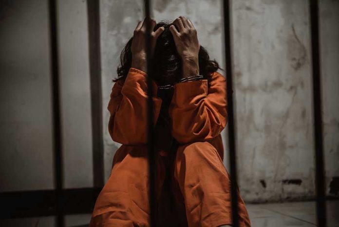 Person in orange jumpsuit sitting behind bars, handcuffed.