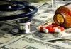 Healthcare Costs EXPLODE — Families CRUSHED! Stethoscope and prescription pills on a background of dollar bills