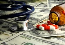 Healthcare Costs EXPLODE — Families CRUSHED! Stethoscope and prescription pills on a background of dollar bills