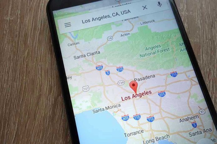 Smartphone displaying map of Los Angeles, California.