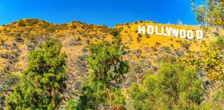 Hollywood sign on hillside with trees in foreground.