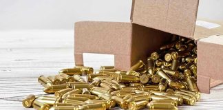 California Sanctuary Shields SHOTGUN Murderers Box of brass bullets spilled on wooden surface.