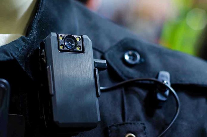 1538332328 Body camera attached to a black uniform.