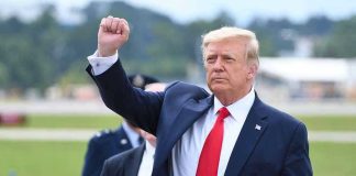 Teachers Crossed Fingers for Trump Assassination Man in suit raising fist near parked car.