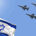 Israeli flag with three fighter jets in flight.