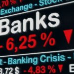 Stock exchange displays bank crisis percentage decrease.