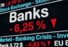 Stock exchange displays bank crisis percentage decrease.