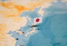 Map of Japan with flag pin placed nearby