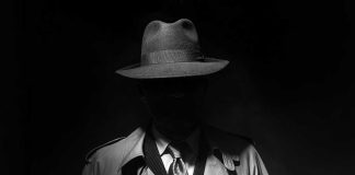 Person in trench coat and fedora, face obscured by shadow.