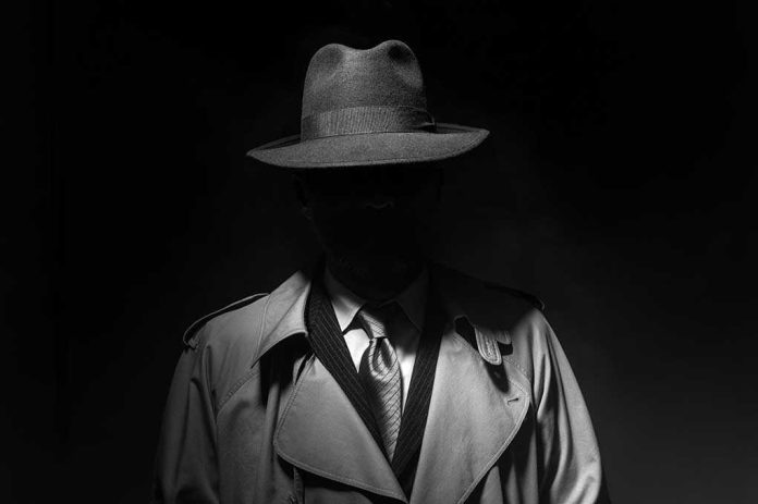 Person in trench coat and fedora, face obscured by shadow.