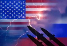 U.S. and Russian flags with missiles and lightning.
