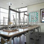 12-Year-Old SHOT Locking School Door Empty classroom with chairs on top of desks.