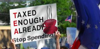 Protesters holding signs against taxation at a political demonstration