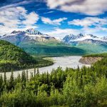 River winding through forest with mountains in background.