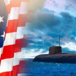 Submarine Bell GIFT Stuns White House Dinner American flag and submarine at sea under a cloudy sky.