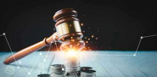 Exit TAX Shock: Blue States Clamp Down Gavel, coins, and tax icons on a table.