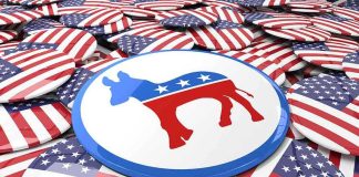 SHOCKING Bedroom Video Rocks Top Democrat Political buttons with American flags and donkey symbol.