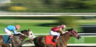Two jockeys racing on horses at high speed on a track