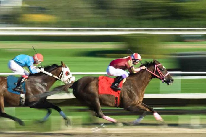 Two jockeys racing on horses at high speed on a track